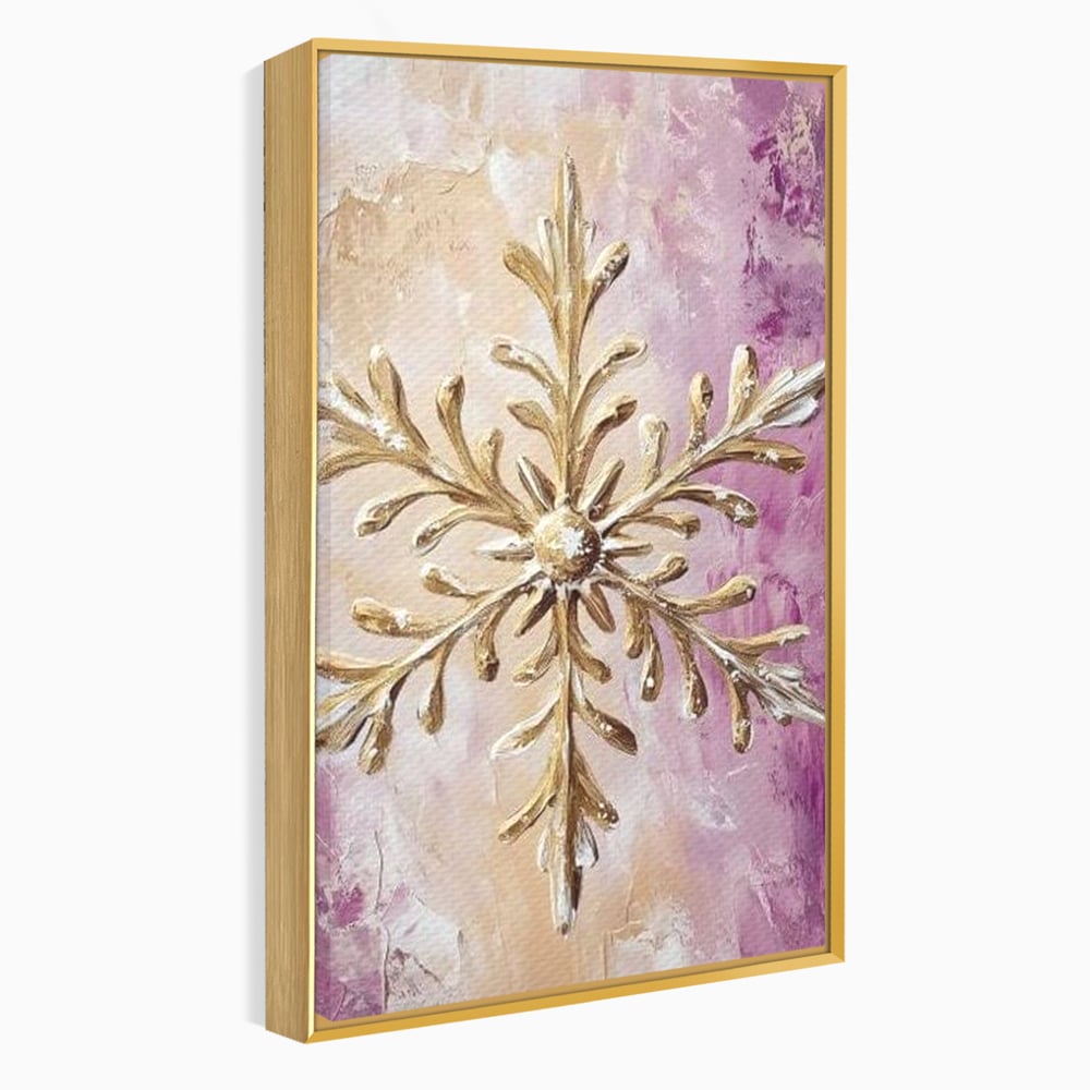 Tablou canvas cu tablou cu fulg de nea auriu in relief, in rama de aluminiu auriu